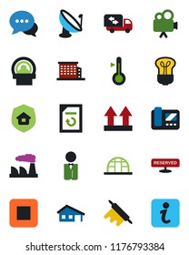 Color and black flat icon set - factory vector, document reload, greenhouse, tomography, up side sign, satellite antenna, video camera, dialog, stop button, house with garage, office building, bulb