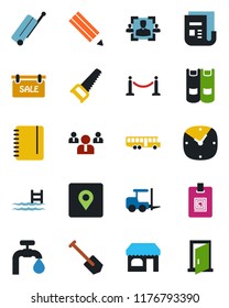 Color and black flat icon set - fence vector, suitcase, airport bus, shop, fork loader, book, team, notepad, job, saw, news, clock, place tag, identity card, hr, pencil, pool, water supply, sale