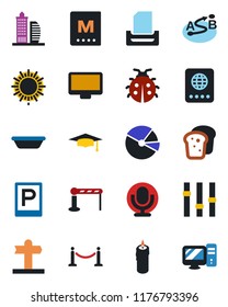 Color and black flat icon set - fence vector, parking, barrier, passport, sun, graduate, lady bug, signpost, route, settings, microphone, monitor, pie graph, paper tray, office building, menu, bread
