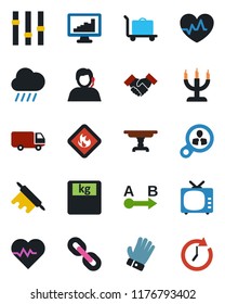 Color and black flat icon set - baggage trolley vector, glove, rain, heart pulse, scales, support, car delivery, flammable, route, tv, settings, chain, monitor statistics, handshake, table, candle