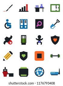 Color and black flat icon set - baby vector, office binder, document search, pencil, shovel, scalpel, barbell, heart shield, disabled, satellite, sea port, stop button, hdmi, network, bar graph