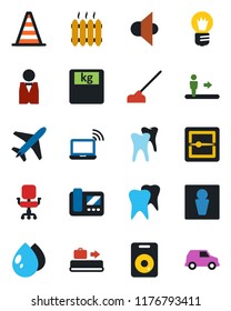 Color and black flat icon set - plane vector, baggage conveyor, escalator, male, wireless notebook, border cone, bulb, water drop, hoe, scales, tooth, speaker, scanner, office chair, heater, waiter