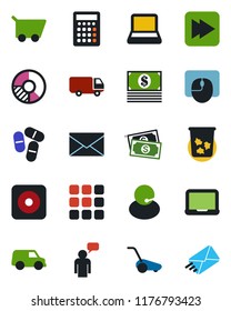 Color and black flat icon set - trash bin vector, speaking man, mail, mouse, notebook pc, circle chart, lawn mower, pills, cash, support, car delivery, fast forward, rec button, menu, cart