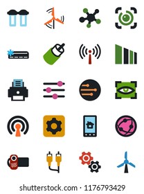 Color and black flat icon set - antenna vector, sorting, video camera, network, share, rca, settings, tuning, eye id, printer, windmill, air conditioner, wireless, home control app, gear, scan
