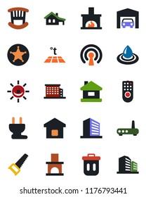 Color and black flat icon set - office building vector, saw, fireplace, house, with garage, children room, smart home, power plug, remote control, wireless, router, water, warm floor, police