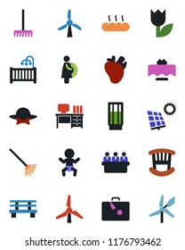 Color and black flat icon set - suitcase vector, baby, desk, meeting, rake, bench, real heart, pregnancy, tulip, sun panel, windmill, children room, restaurant table, drink, bread, dress code