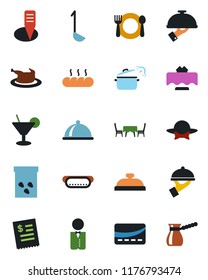 Color and black flat icon set - plant label vector, seeds, waiter, dish, restaurant table, cafe, reception, cocktail, bread, dress code, credit card, receipt, chicken, hot dog, ladle, steaming pan