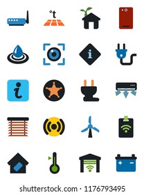 Color and black flat icon set - phone back vector, smart home, eco house, power plug, wireless, router, air conditioner, water, thermometer, warm floor, jalousie, garage gate control, eye scan