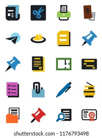 Color and black flat icon set - document search vector, pen, drawing pin, printer, news, cut, paper clip, folder, checklist, copier, contract, plan, serviette, restaurant receipt, plane, schedule