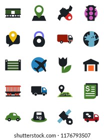 Color and black flat icon set - navigation vector, earth, pin, railroad, plane, satellite, traffic light, mobile tracking, car delivery, receipt, container, tulip, warehouse, heavy, moving
