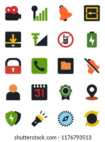 Color and black flat icon set - no mobile vector, call, protect, user, bell, scanner, folder, calendar, download, torch, mute, place tag, compass, lock, video, cellular signal, charge, sertificate