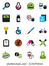 Color and black flat icon set - diagnosis vector, blood pressure, dropper, heart diagnostic, scales, pills, ampoule, scalpel, bike, run, hospital bed, disabled, implant, pulse clipboard, diet, flask
