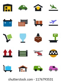 Color and black flat icon set - taxi vector, departure, arrival, baggage trolley, helicopter, cargo container, car delivery, fragile, warehouse storage, up side sign, package, heavy scales, battery