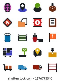 Color and black flat icon set - pin vector, important flag, traffic light, support, mobile tracking, car delivery, sea port, container, consolidated cargo, clipboard, folder document, package, rack