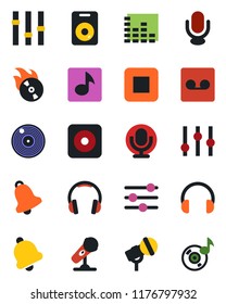 Color and black flat icon set - vinyl vector, flame disk, microphone, settings, equalizer, headphones, speaker, stop button, rec, tuning, bell, record, music