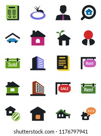 Color and black flat icon set - office building vector, house, pond, contract, with garage, sale, rent, sold signboard, estate search, agent, smart home, insurance, eco, message