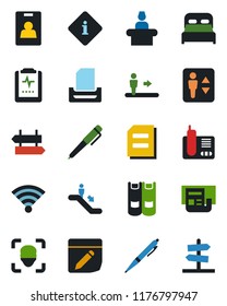 Color and black flat icon set - elevator vector, escalator, signpost, reception, book, document, pulse clipboard, radio phone, notes, wireless, face id, news, identity card, paper tray, pen, bedroom