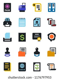 Color and black flat icon set - passport vector, stamp, contract, office binder, notepad, document reload, receipt, folder, printer, paper tray, copier, estate, certificate