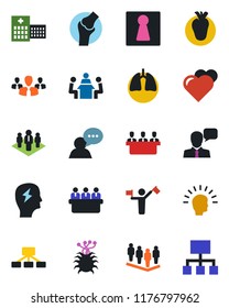 Color and black flat icon set - dispatcher vector, female, team, brainstorm, meeting, heart, lungs, real, joint, hospital, virus, speaker, company, group, shining head, hierarchy