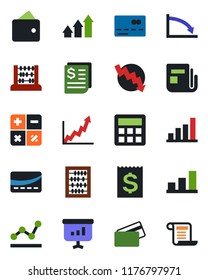 Color and black flat icon set - credit card vector, calculator, abacus, crisis graph, receipt, news, bar, point, arrow up, wallet, growth, presentation, contract