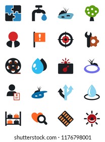 Color and black flat icon set - bomb in case vector, luggage storage, water drop, pond, heart diagnostic, pills blister, patient, route, important flag, reel, application, root setup, target, supply