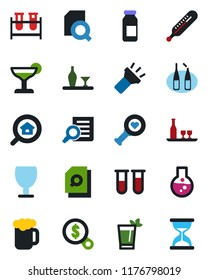 Color and black flat icon set - document search vector, blood test vial, thermometer, heart diagnostic, ampoule, fragile, torch, estate, alcohol, cocktail, phyto bar, beer, money, flask, sand clock