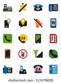 Color and black flat icon set - no mobile vector, office phone, 24 hours, tracking, cell, radio, back, call, sim, mute, cellular signal, home control app, combination lock