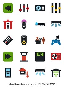 Color and black flat icon set - airport tower vector, passport control, security gate, scales, gamepad, settings, remote, fast forward, rewind, air conditioner, home, app, garage