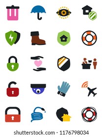 Color and black flat icon set - plane radar vector, passport control, trash bin, glove, boot, hose, heart hand, umbrella, shield, protect, lock, eye id, estate insurance, home, surveillance