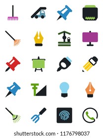 Color and black flat icon set - ladder car vector, presentation board, drawing pin, bulb, garden fork, rake, well, hdmi, fingerprint id, cellular signal, ink pen, pencil, phone