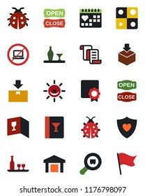 Color and black flat icon set - no laptop vector, contract, lady bug, heart shield, medical calendar, warehouse, package, search cargo, application, sertificate, alcohol, wine card, open close, flag