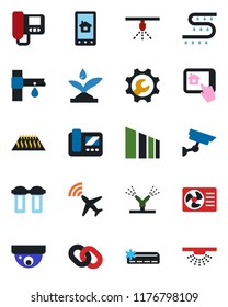 Color and black flat icon set - plane radar vector, drip irrigation, sorting, chain, root setup, air conditioner, intercome, home control app, water filter, warm floor, surveillance, sprinkler