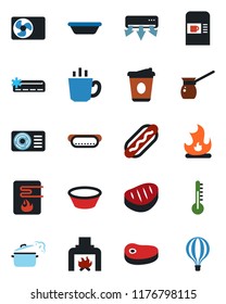 Color and black flat icon set - coffee machine vector, fire, fireplace, air conditioner, steak, hot dog, bowl, steaming pan, turkish, water heater, thermometer, balloon