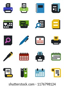 Color and black flat icon set - document search vector, pen, calendar, printer, contract, medical, news, copybook, book