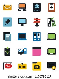 Color and black flat icon set - passport vector, identity, office binder, notebook pc, document, pulse clipboard, signpost, monitor, laptop, notes, photo gallery, blank box, sale, pass card