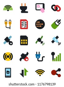 Color and black flat icon set - satellite vector, chain, rca, sim, network, data exchange, cellular signal, wireless, power plug, home control app, social media