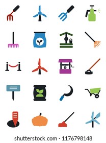 Color and black flat icon set - fence vector, garden fork, rake, wheelbarrow, well, hoe, sickle, plant label, pumpkin, sprayer, fertilizer, windmill