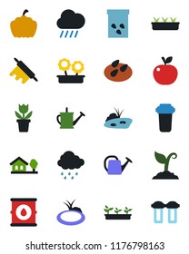 Color and black flat icon set - flower in pot vector, watering can, sproute, seedling, rain, pumpkin, seeds, pond, oil barrel, house with tree, rolling pin, apple fruit, water filter