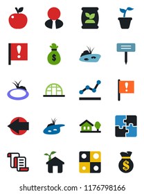 Color and black flat icon set - left arrow vector, contract, seedling, plant label, greenhouse, pond, fertilizer, important flag, application, point graph, house with tree, estate agent, apple fruit
