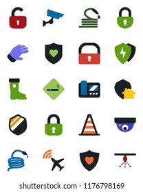 Color and black flat icon set - plane radar vector, smoking place, border cone, glove, boot, hose, heart shield, protect, lock, intercome, home, surveillance, sprinkler