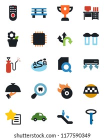 Color and black flat icon set - taxi vector, escalator, desk, flower in pot, bench, garden sprayer, route, car delivery, search cargo, flame disk, favorites list, document, waiter, chip, award cup