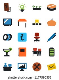 Color and black flat icon set - office chair vector, desk, pen, manager place, seedling, pumpkin, pills, tv, battery, copybook, monitor statistics, table, cafe, cocktail, plates, restaurant receipt