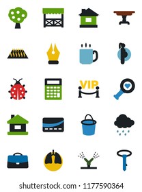 Color and black flat icon set - bucket vector, lady bug, house, rain, heart diagnostic, lungs, pregnancy, case, coffee, ink pen, fruit tree, table, vip zone, alcove, credit card, irrigation, tie