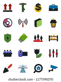 Color and black flat icon set - runway vector, antenna, dollar sign, pedestal, tie, meeting, circle chart, trowel, up side, tulip, rack, settings, video camera, protect, case, blank box, usb flash