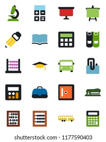 Color and black flat icon set - airport bus vector, checkroom, book, calculator, graduate, abacus, presentation board, microscope, paper clip, pencil, stapler, case