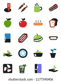 Color and black flat icon set - hot cup vector, seedling, plant label, diet, fridge, phyto bar, salad, bacon, bread, kebab, dog, apple fruit, fan, palm sproute