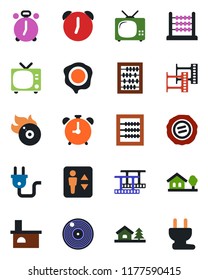 Color and black flat icon set - elevator vector, alarm clock, tv, abacus, stamp, fireplace, film frame, vinyl, flame disk, house with tree, power plug