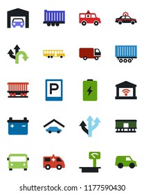 Color and black flat icon set - airport bus vector, parking, alarm car, ambulance, route, railroad, truck trailer, delivery, heavy scales, garage, gate control, battery