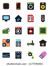 Color and black flat icon set - washer vector, calculator, monitor, speaker, phone back, sim, smart home, credit card, control, chip, remote, router, usb flash