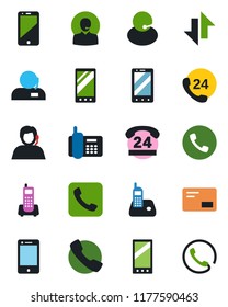 Color and black flat icon set - phone vector, mobile, office, 24 hours, support, cell, radio, mail, call, data exchange